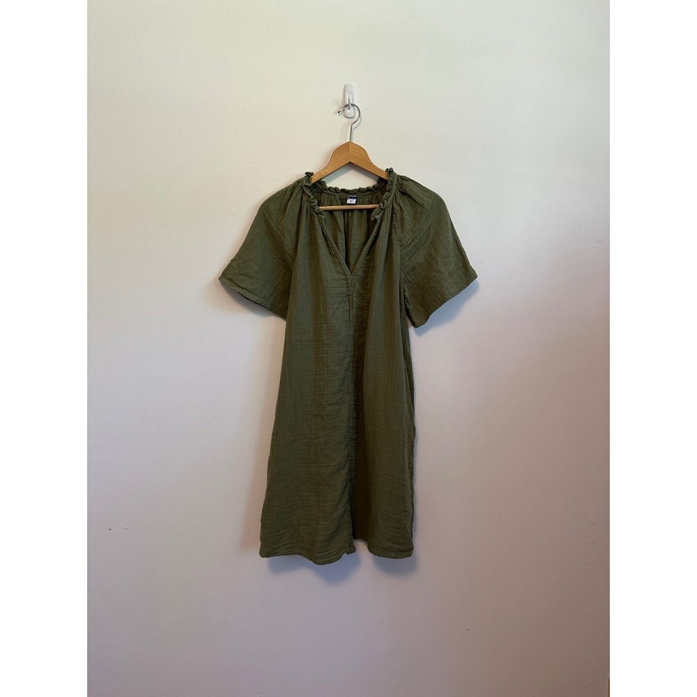 Old Navy Olive Green Cotton Gauze Ruffle Neck Shift Dress | Size Small